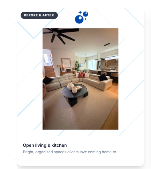Clean open-concept living room and kitchen after professional cleaning.