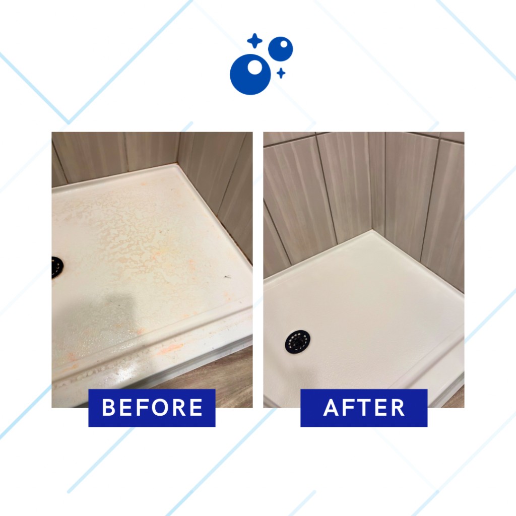 Shower floor scrubbed and sanitized from grime to spotless.
